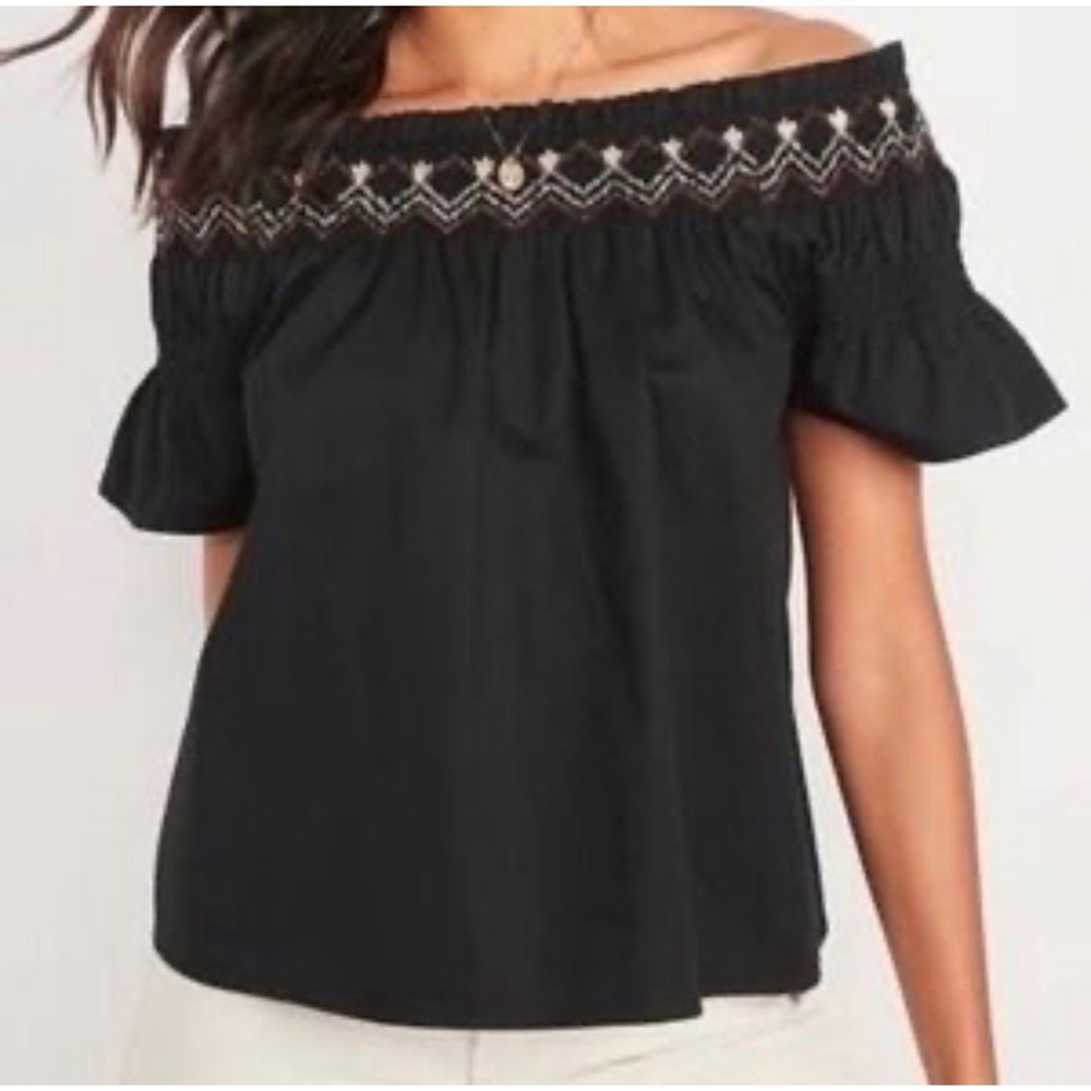 Old Navy Womens S Black Blouse Embroidered Smocked Off The Shoulder Boho Top